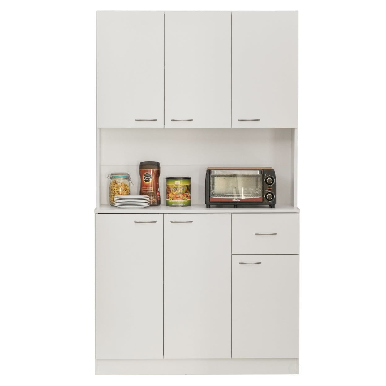 Wooden Kitchen Pantry Storage Cabinet with Drawer， Doors and Shelves， White