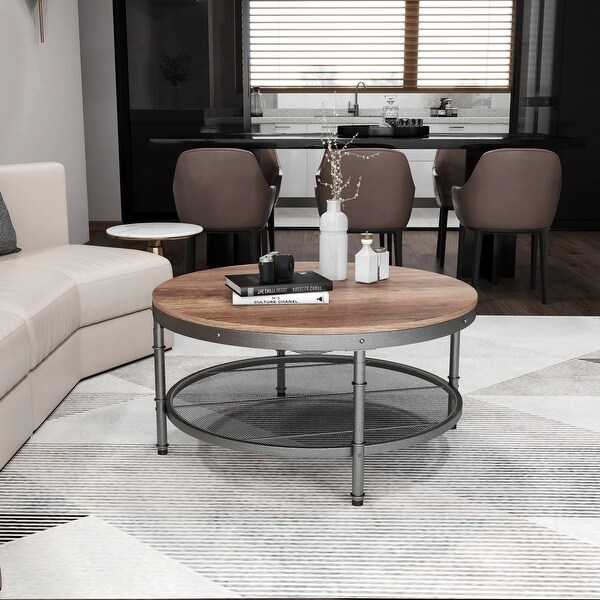 Modern Industrial Round Coffee Table with 3D Texture Metal Frame and Mesh