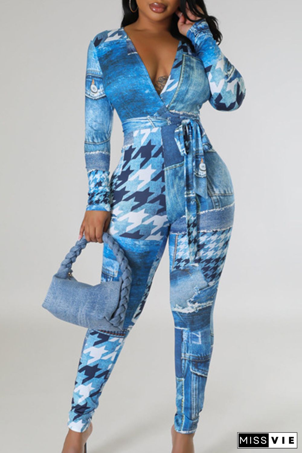 Street Print Bandage Patchwork V Neck Skinny Jumpsuits