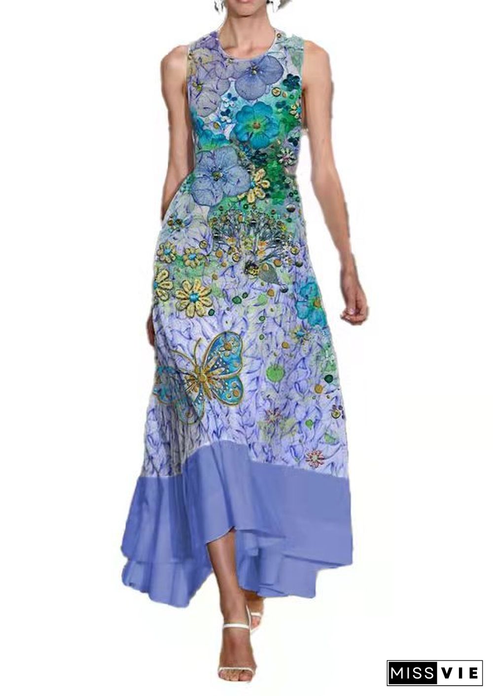 Women's Sleeveless Long Skirt Floral Stitching Printed Pocket Round Neck Dress