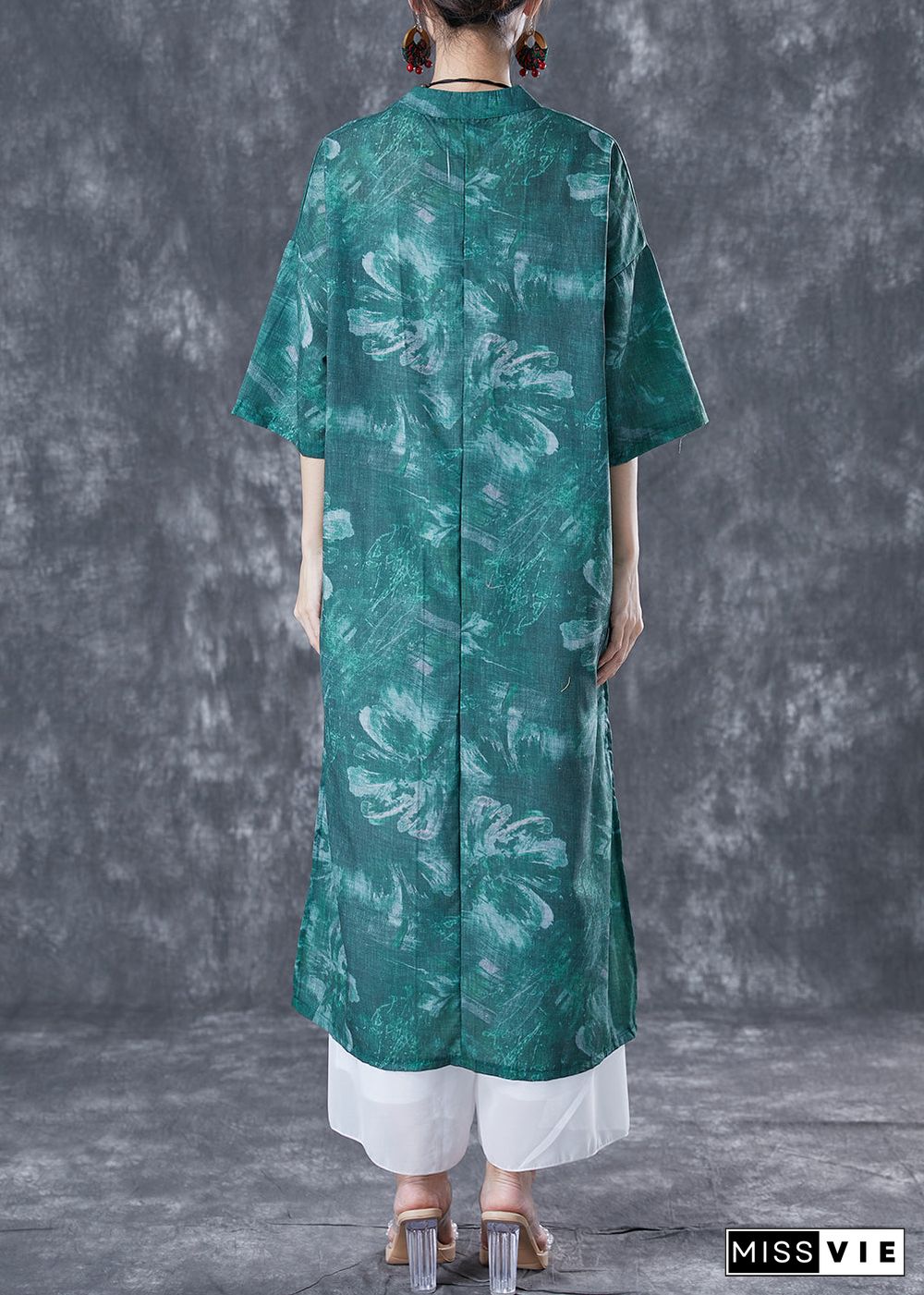 Chinese Style Blackish Green Oversized Print Linen Long Dress Summer