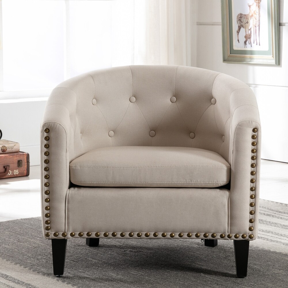 Modern Linen Fabric Tufted Club Chair Comfortable Reading Tub Armchair for Living Bedroom