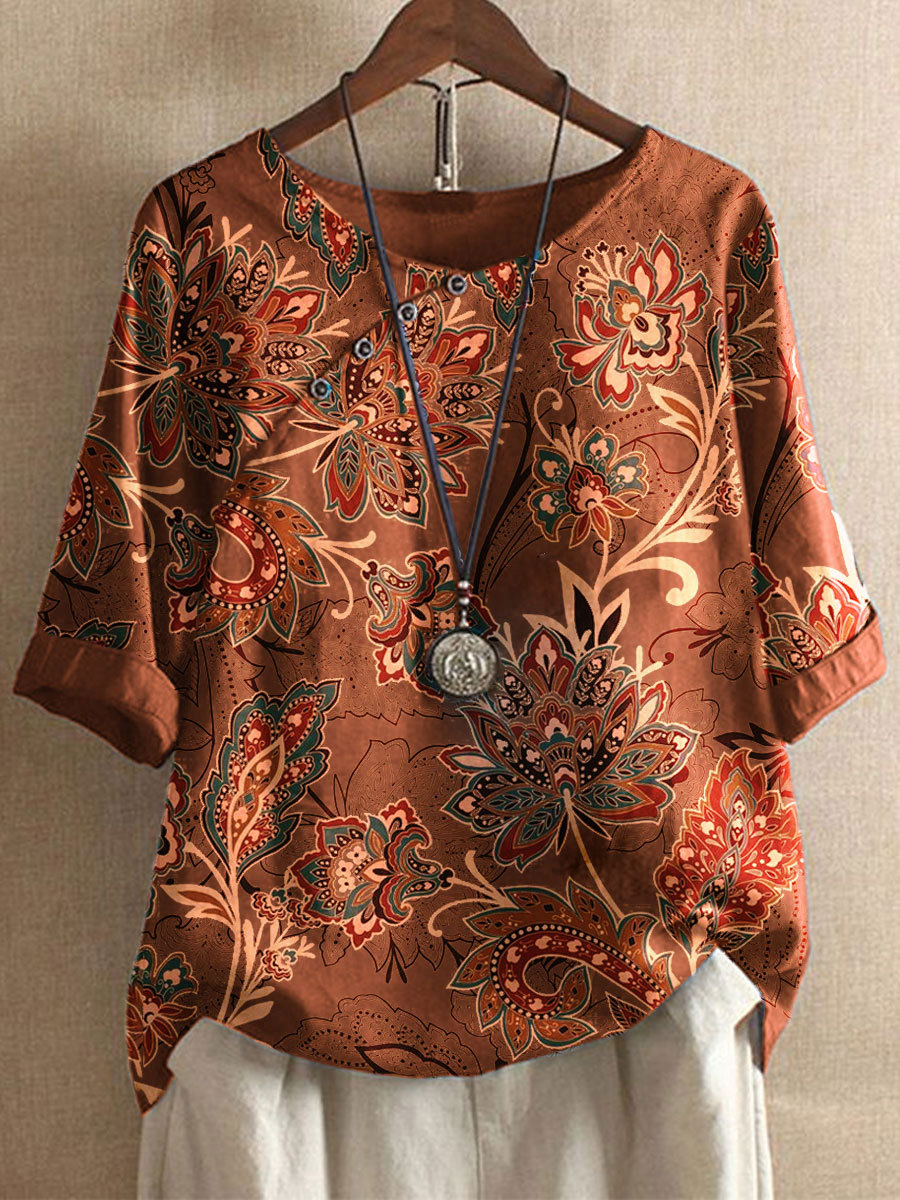 Round Neck Casual Loose Paisley Print Short Sleeve Blouse