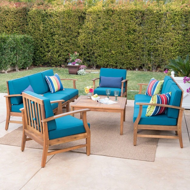 Perla 9pc Acacia Wood Patio Conversation Set Teak blue Christopher Knight Home