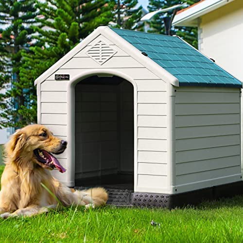 Waleaf Plastic Dog House Outdoor Indoor for Small Medium Larige Dogs，Waterproof Dog Houses with Elevated Floor and Air Vents，Durable Ventilate and Easy Clean and Assemble