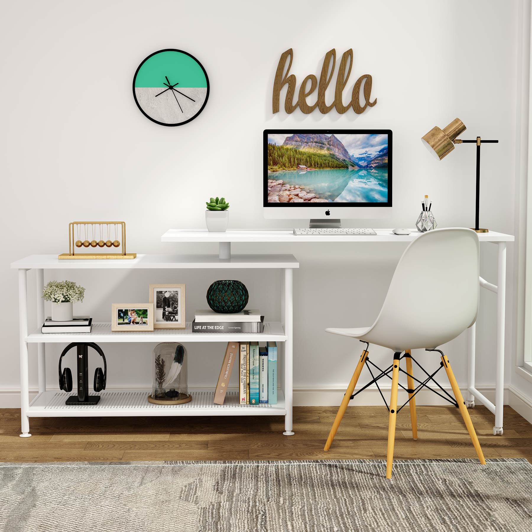 360° Rotating Desk, Modern L-Shaped Desk with Storage Shelves