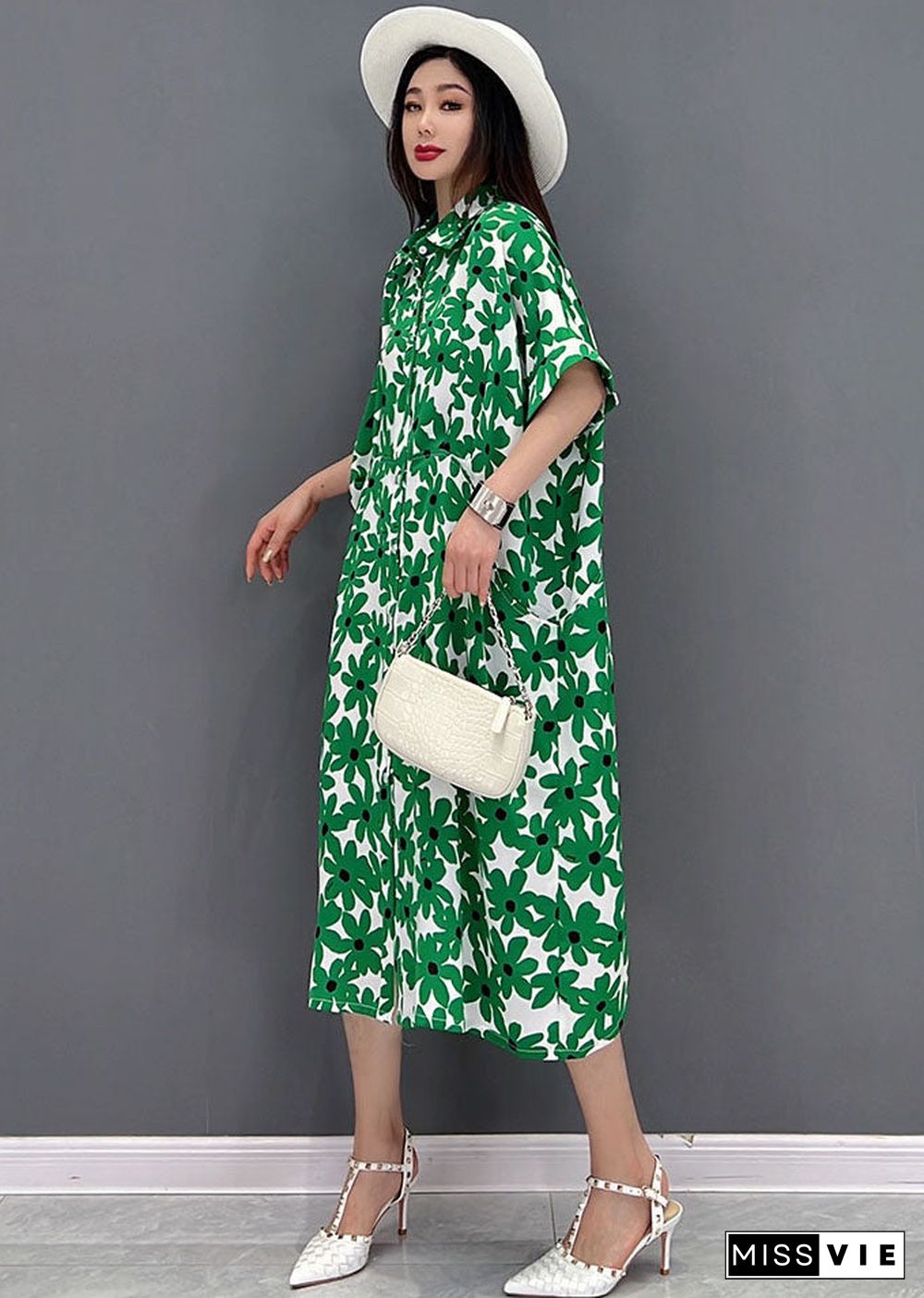 Beautiful Green Peter Pan Collar Print Shirt Dress Short Sleeve