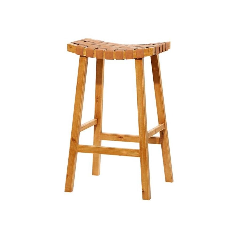 Woven Leather And Birch Wood Bar Stool