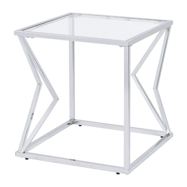 End Table with Glass Top and Bottom Shelf and Geometric Accent， Silver