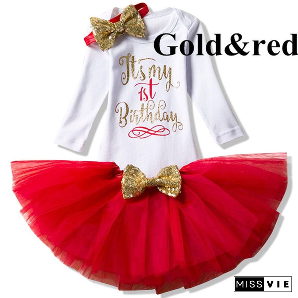 4 Style Baby Girl Princess One Year Old Birthday Christmas Dress 3 Pcs Set Romper + Skirt + Headband Long Sleeve Jumpsuit Autumn Winter Outfits Sets