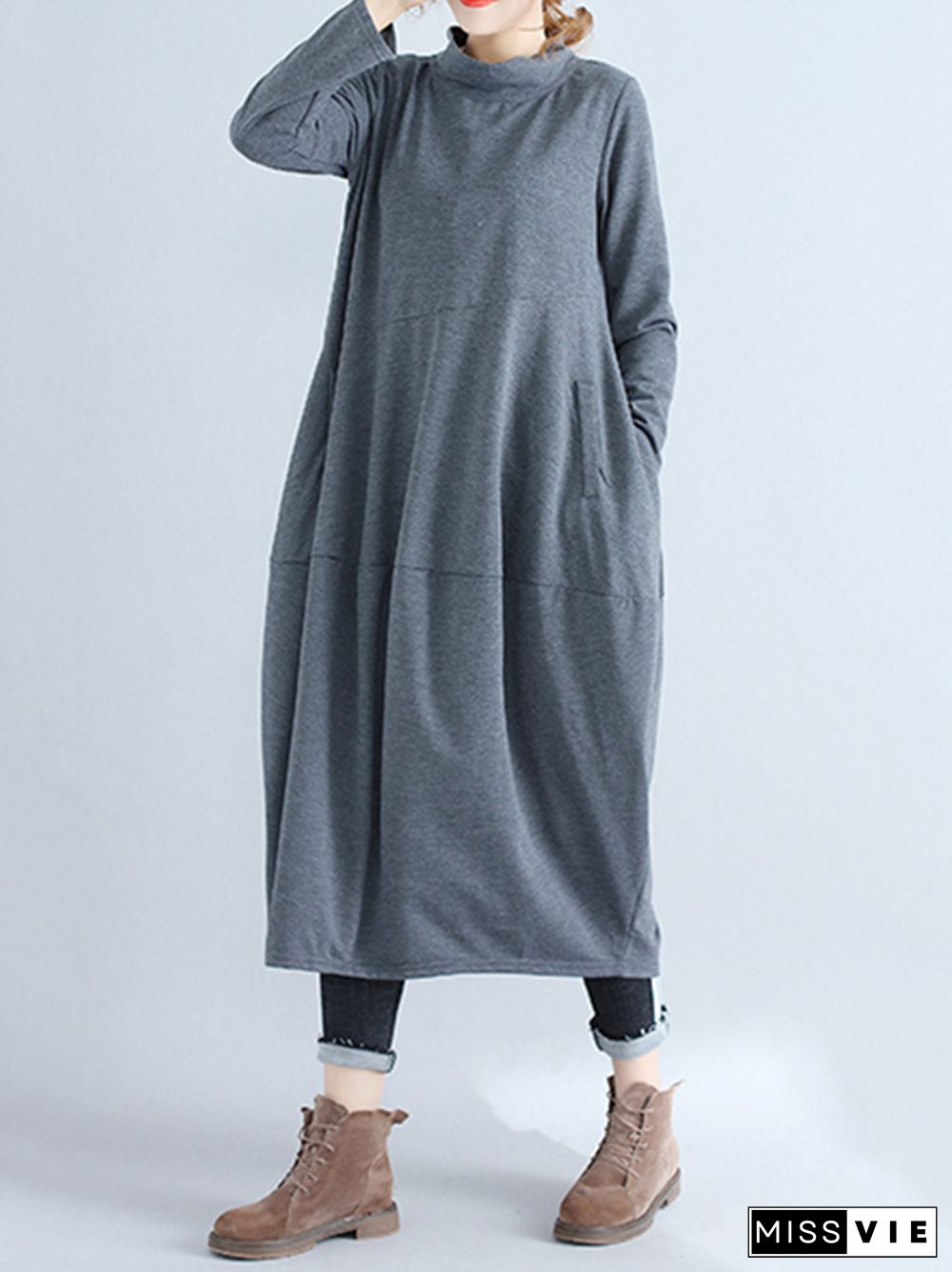 Casual Loose Plus Size Solid Color Hooded Midi Dresses