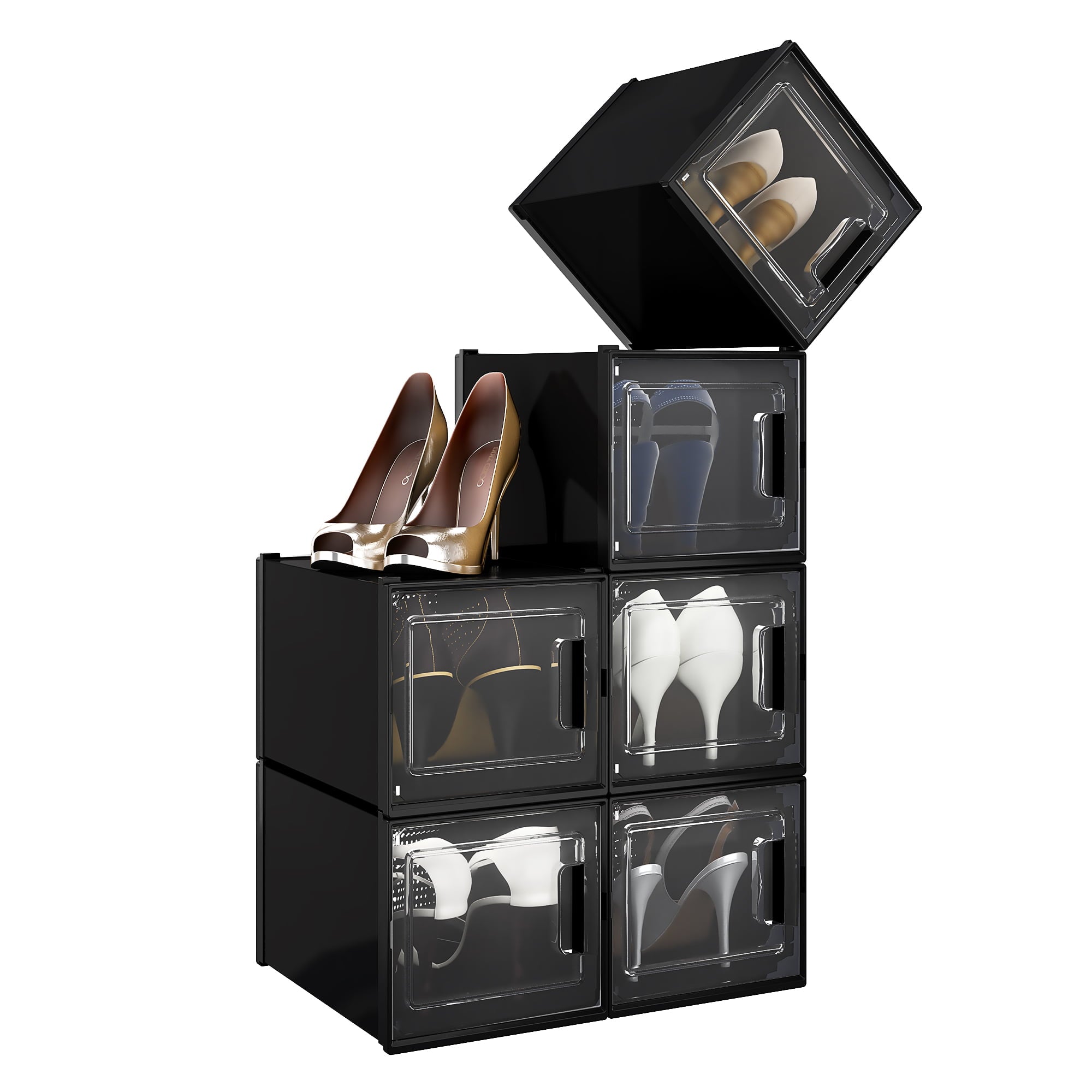 YITAHOME 6PCS Shoe Box Storage Organizer Stackable High Heel Rack Clear Cabinet Foldable Sneaker Box Men Women Kids， Black