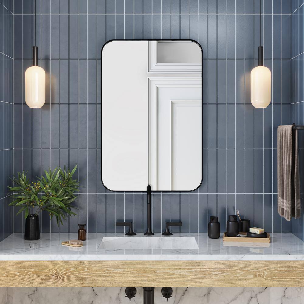 better bevel 24 in. x 36 in. Metal Framed Rounded Rectangle Bathroom Vanity Mirror in Black 20017