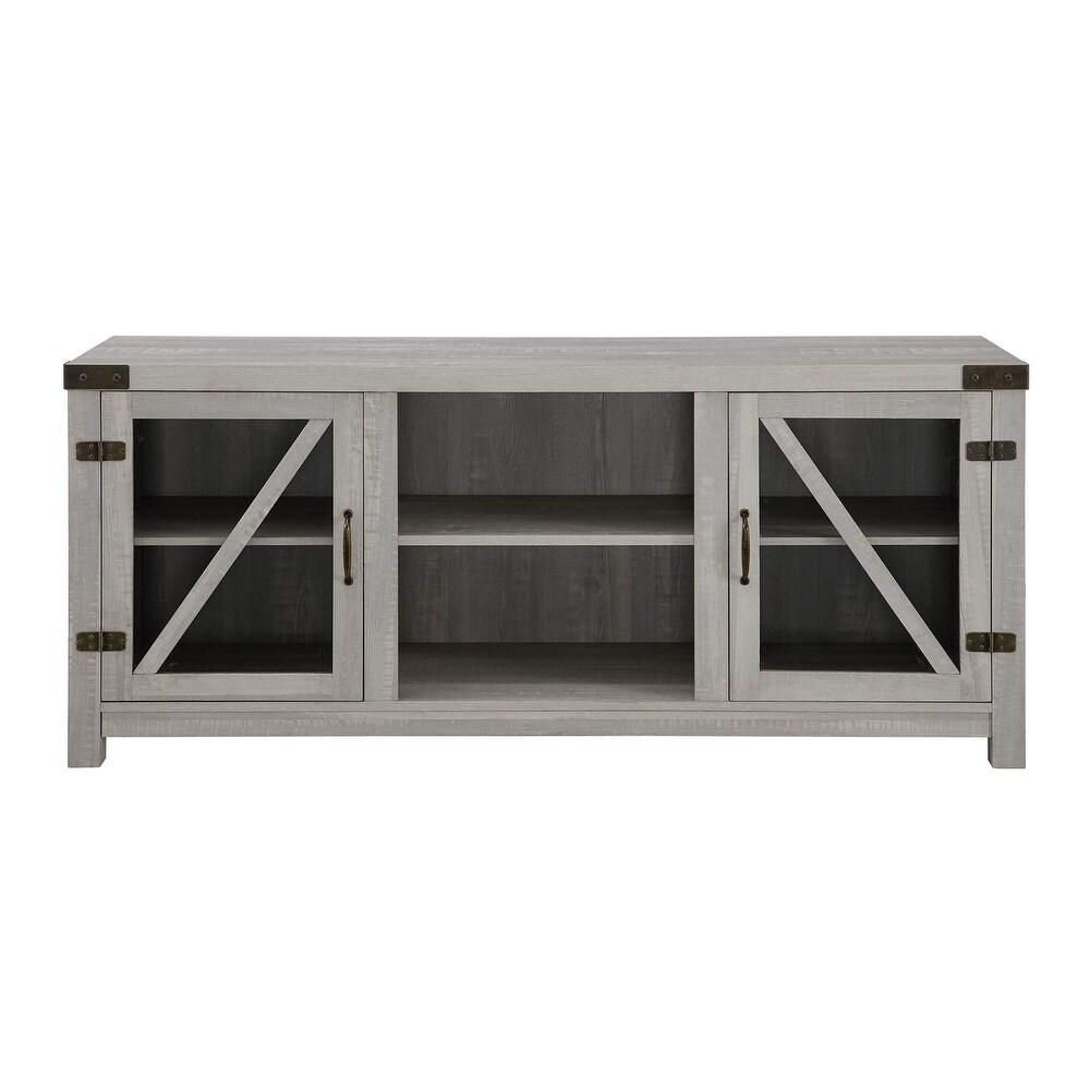 Modern Farmhouse Glass Door TV Stand for TVs up to 65 Inches  58 Inch  Stone Grey  Without Fireplace