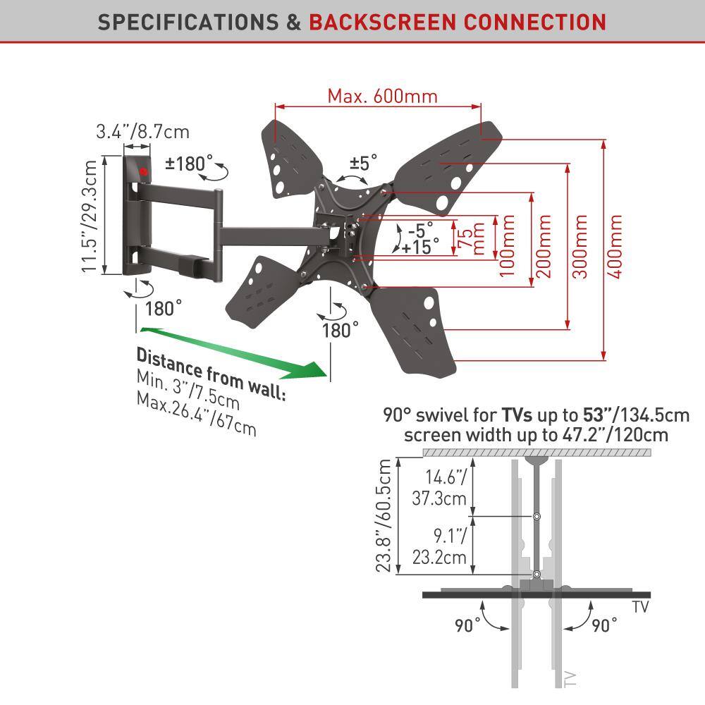 Barkan a Better Point of View Barkan 13 in. - 80 in. Full Motion - 4 Movement Long FlatCurved TV Wall Mount Black Extremely Extendable 3400L-L