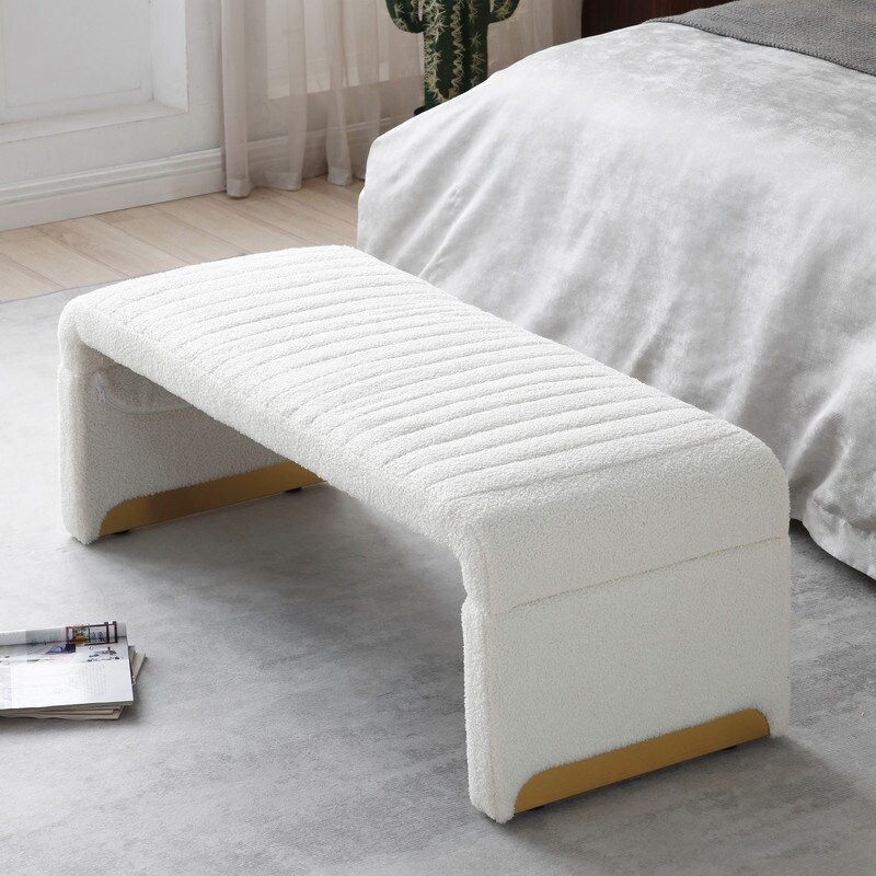 Modern Entryway Bench  Upholstered Sherpa Fabric End of Bed Bench