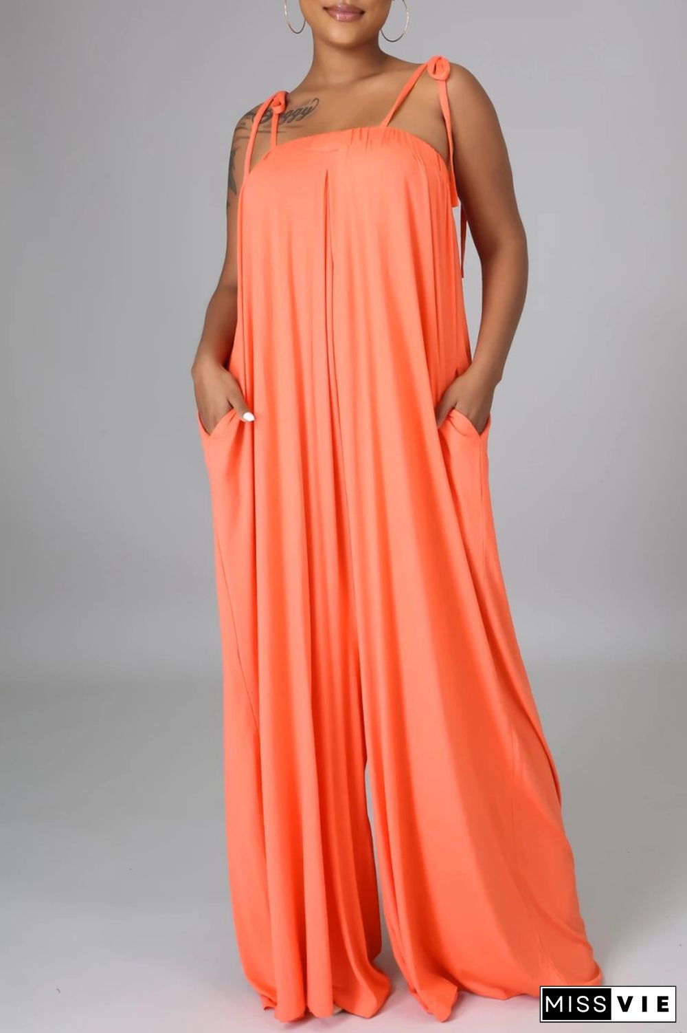 Orange Casual Solid Bandage Backless Spaghetti Strap Loose Jumpsuits