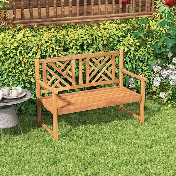 Costway Patio Acacia Wood 2Person Slatted Bench Outdoor Loveseat