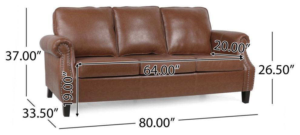 3 Seat Sofa  PU Leather Seat  ampRolled Slanted Arms With Nailhead   Transitional   Sofas   by Decorn  Houzz