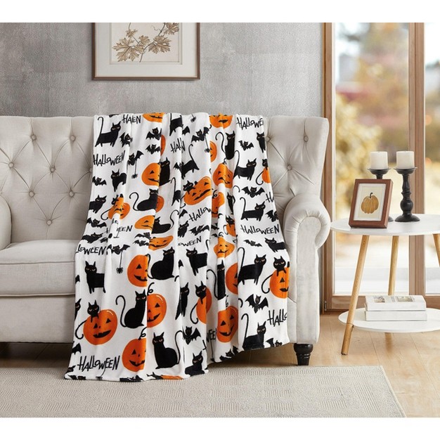 Kate Aurora Ultra Soft amp Plush Oversized Halloween Spooky Cats Bats amp Jack O x27 Lanterns Accent Throw Blanket 50 In W X 70 In L