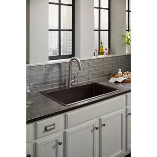 KOHLER Kennon Dual Mount Neoroc Granite Composite 33 in. 1-Hole Single Bowl Kitchen Sink in Matte Black with Basin Rack K-8437-1-CM1