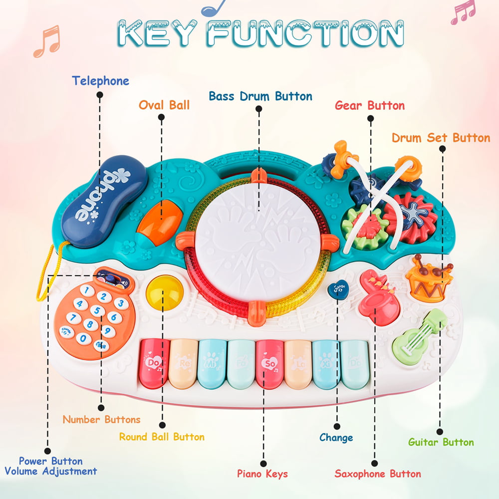 Musical Toys for Toddlers 1-3 ， 6 in 1 Multifunction Baby Musical Toys Piano Drum Set Bead Maze Gear Kids Phone Toys Electronic Learning Toys for Baby Infant Toddler Birthday Gifts for Kids