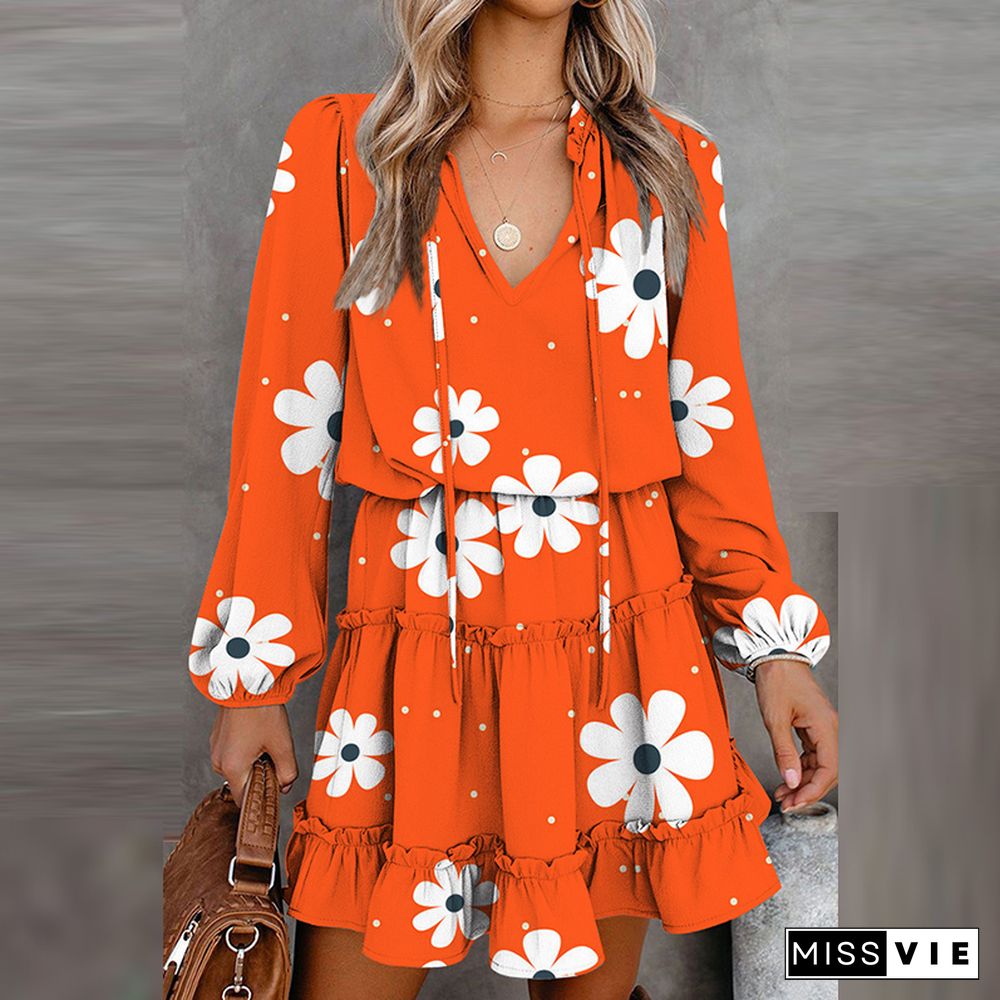 Vintage Floral Printed Mini Dress Women Casual Long Sleeve V Neck Lace-up Early Autumn Dress Fashion Loose Waist Ruffle Dresses