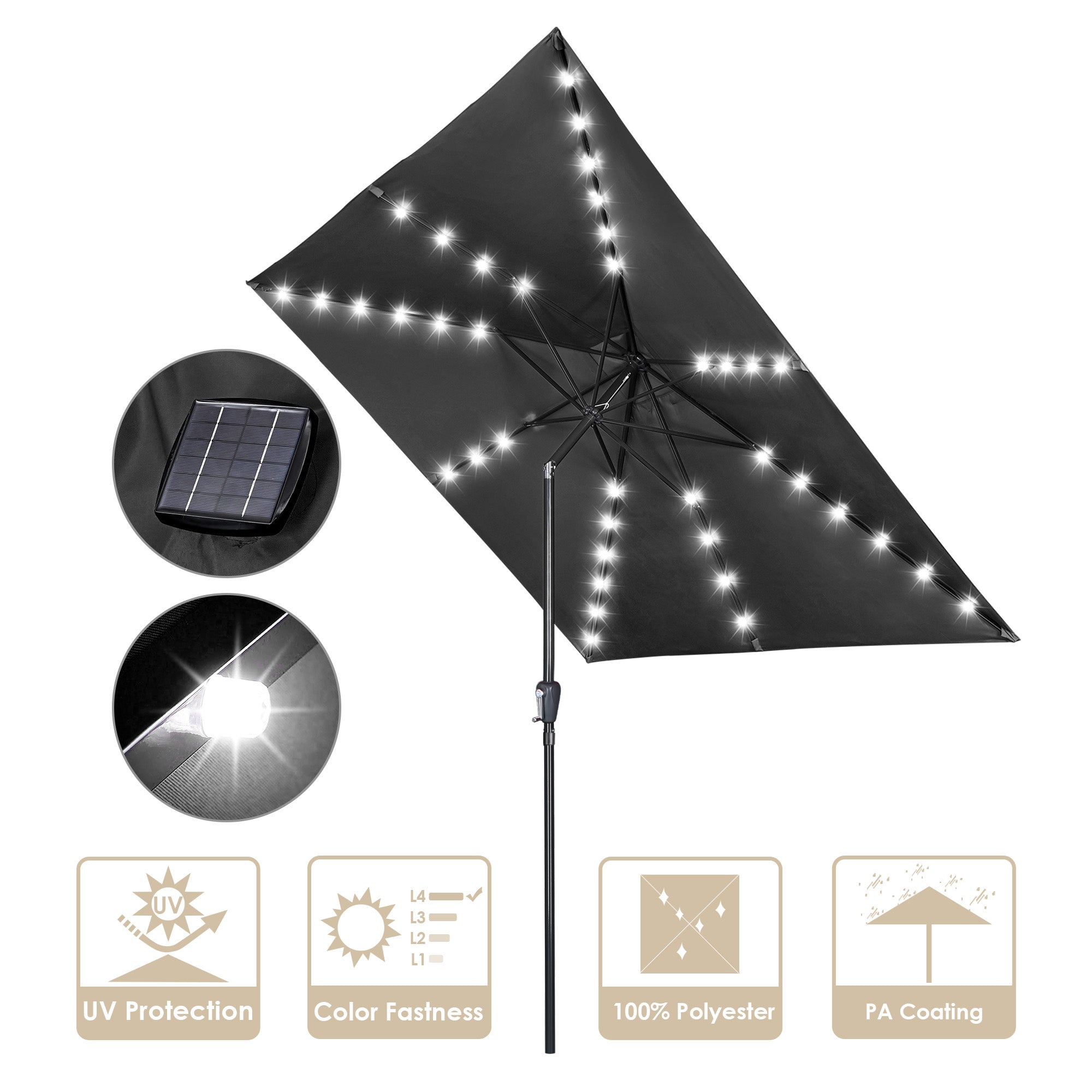 LAGarden 10x10 Ft LED Light Patio Umbrella Solar Power 8-Rib Tilt Aluminum for Outdoor Yard Table, USB Port Black