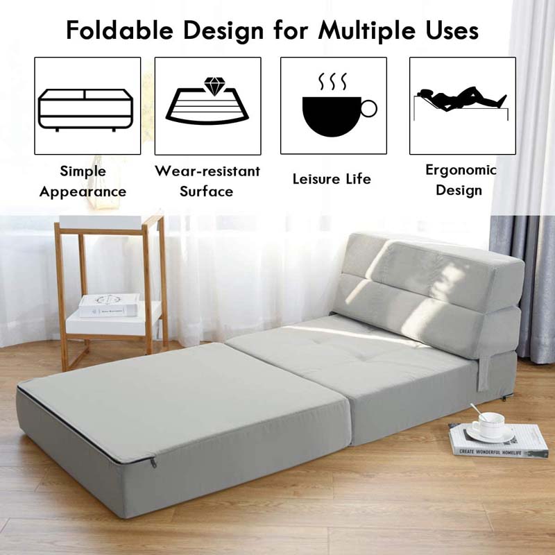 Triple Fold Down Sofa Bed, Floor Couch Sleeper Sofa, Modern Folding Lounge Chaise Convertible Upholstered Guest Sleeper Chair