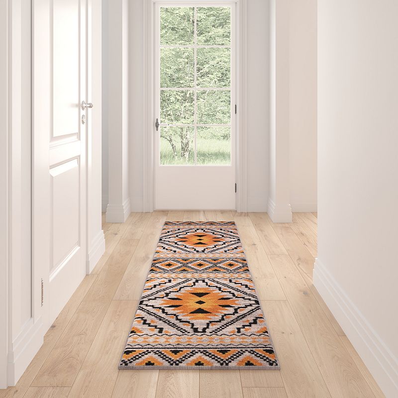 Masada Rugs Winslow Collection 2'x7' Southwestern Print Accent Runner Rug in Orange， White and Black with Cotton Backing