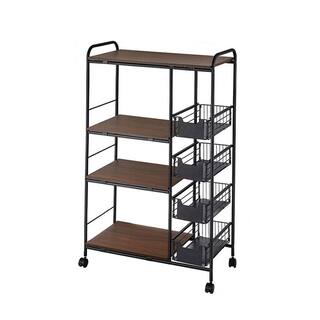 YIYIBYUS Walnut Wood Rolling 4-Tier 4-Wheeled Metal Wire Baskets Stand Cart in Black HG-LYFLST-6010-1