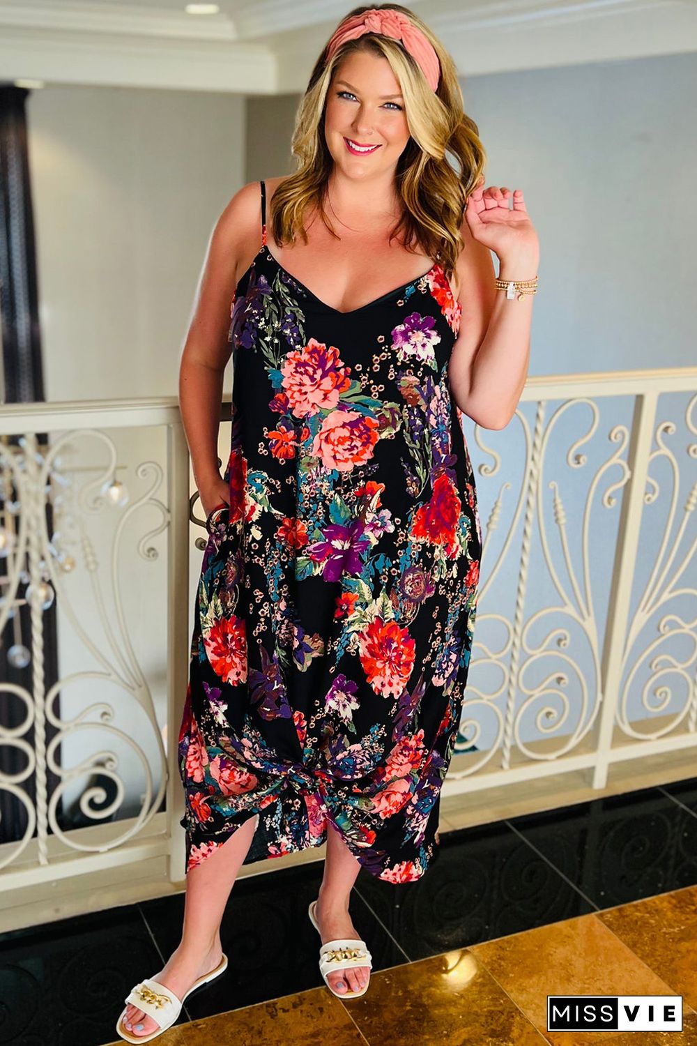 Black Plus Size Floral Print Thin Straps Maxi Dress