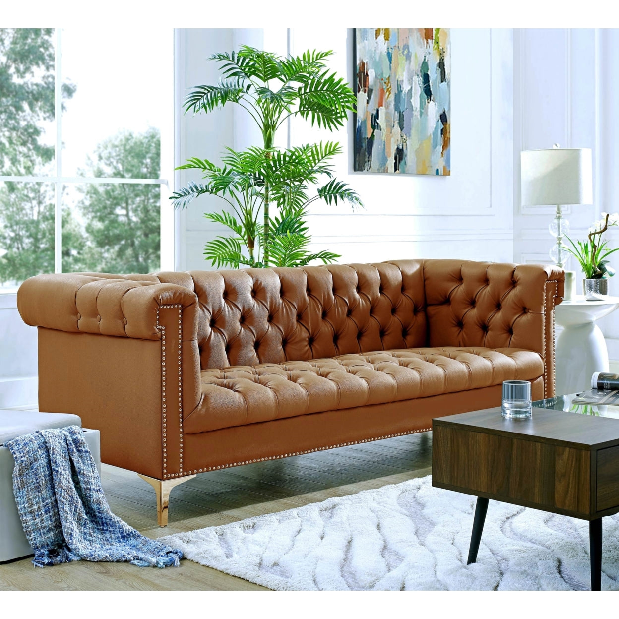 Steffi Leather Chesterfield Sofa-Silver Metal Legs-Button Tufted-Nailhead Trim-Modern-Livingroom-Inspired Home