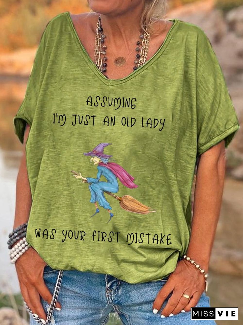 Women's Funny Witch Assuming I'm Just An Old Lady Was Your First Mistake Halloween V-Neck Tee