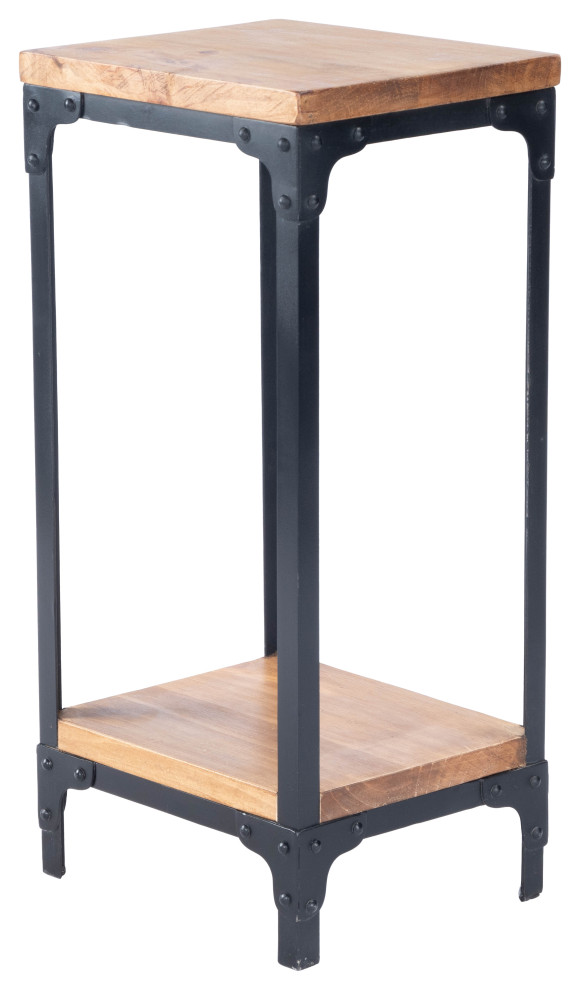 Grimsley Transitional Rectangular Wood  ampIron Pedestal Stand   Brown   Industrial   Plant Stands And Telephone Tables  Houzz