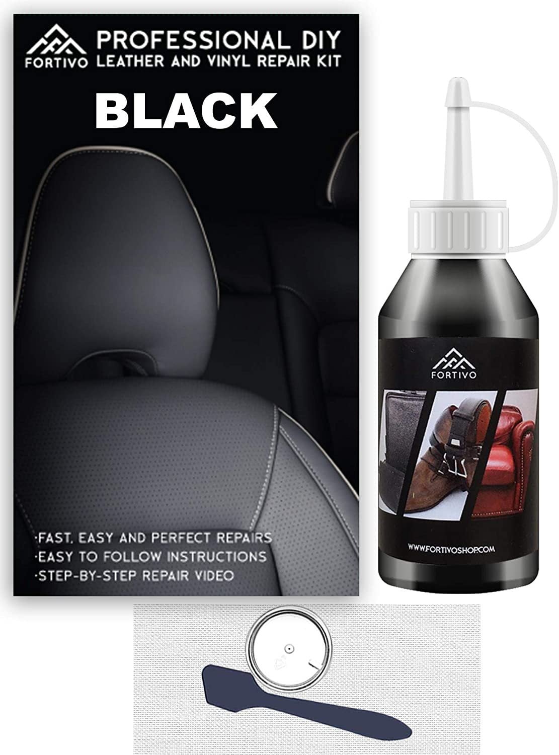 Black Leather and Vinyl Repair Kit - Furniture， Couch， Car Seats， Sofa， Jacket， Purse， Belt， Shoes | Genuine， Italian， Bonded， Bycast， PU， Pleather |No Heat Required | Repair and Restore