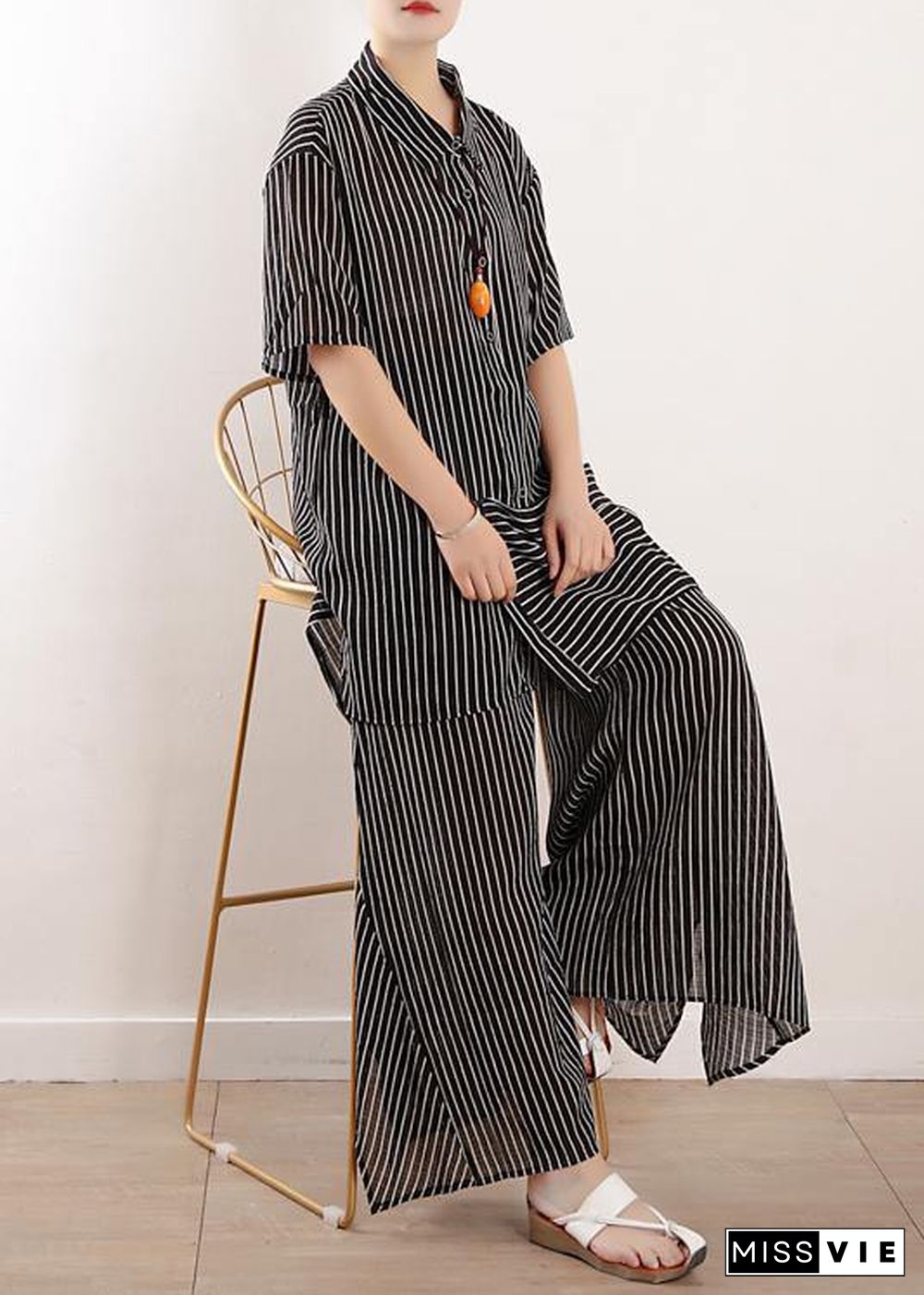 Original literary loose large size gray stripes were thin and irregular chiffon wide-leg pants two-piece suit