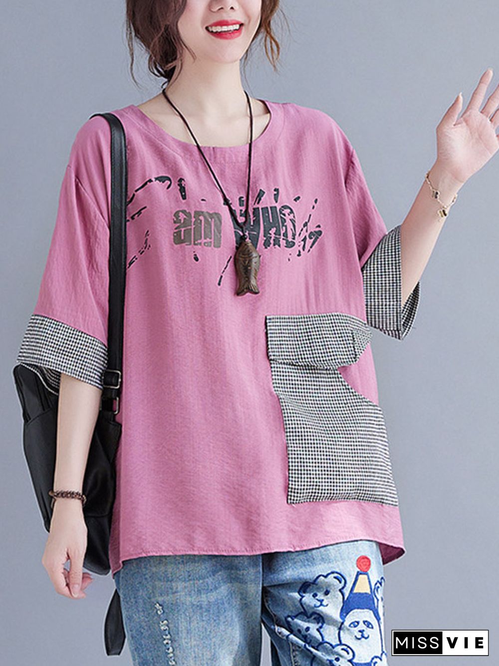 Original Letter Print Split-Joint Round-Neck T-Shirts Tops