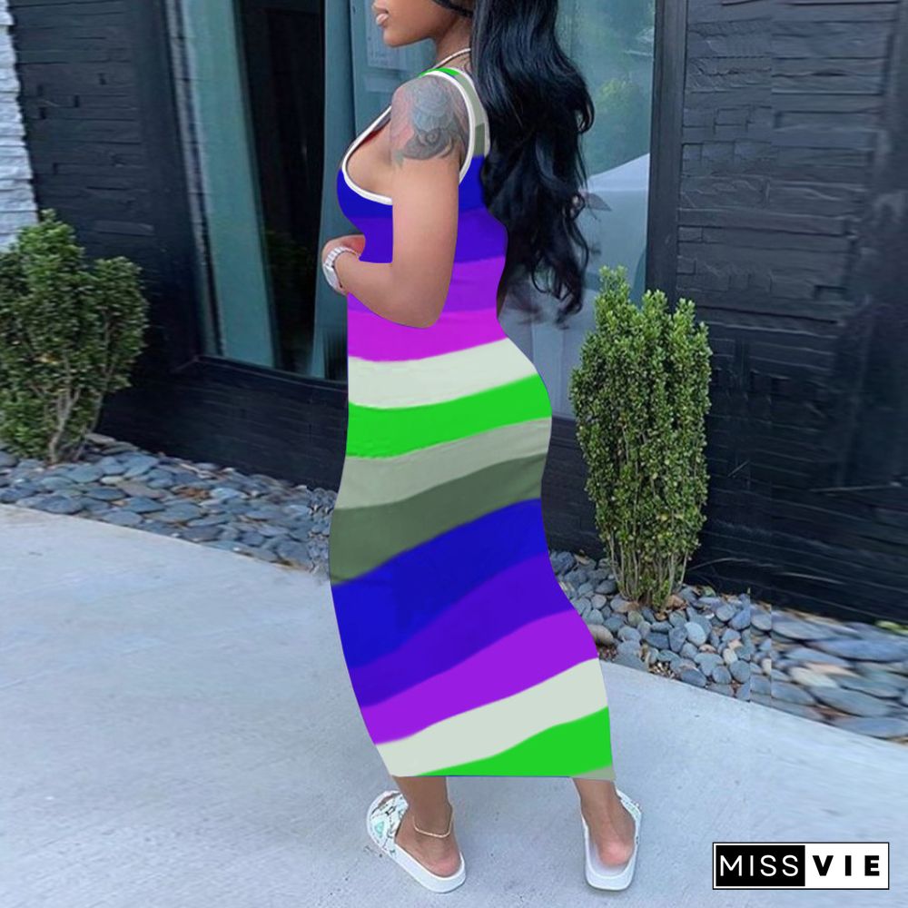 Summer Contrast Color Striped Sleeveless Bodycon Long Dress