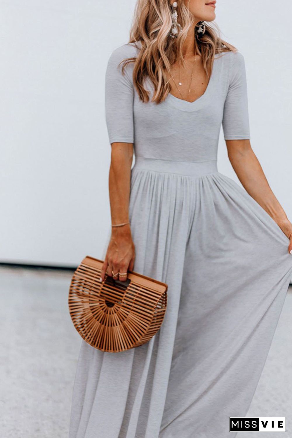 Gray Short Sleeve Bodice Flowy Wide Leg Jumpsuit