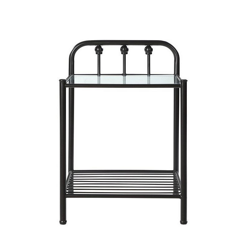 Metal Nightstand with Glass Top and Slated Open Bottom Shelf， Black