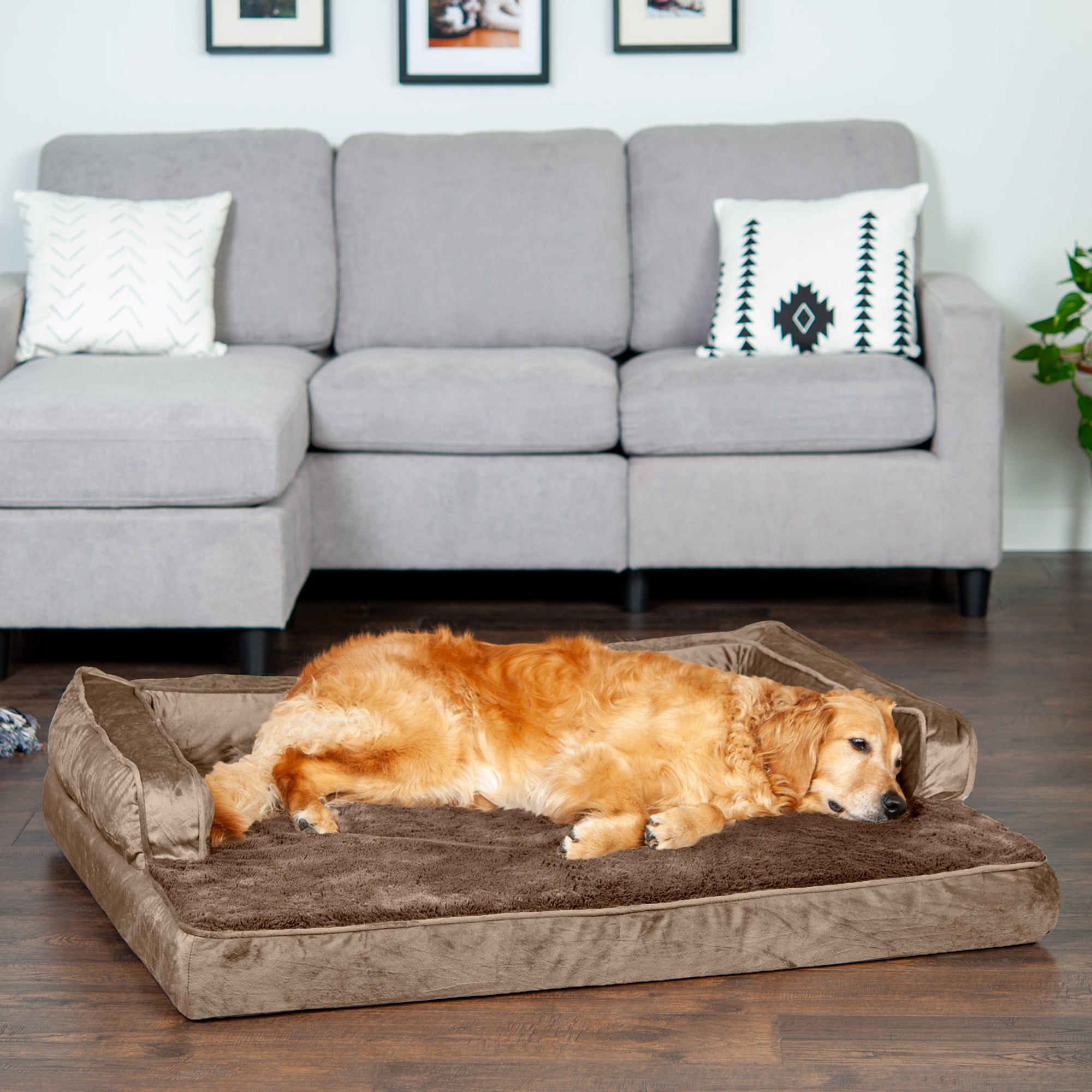 FurHaven Pet Products | Orthopedic Plush and Velvet Comfy Couch Sofa-Style Pet Bed for Dogs and Cats， Almondine， Jumbo