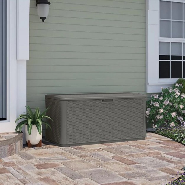 Suncast Bmdb13400st 134 gallon Extra Large All weather Uv resistant Wicker Pattern Deck Box With Lockable Lid For Garden Garage Or Patio Stoney