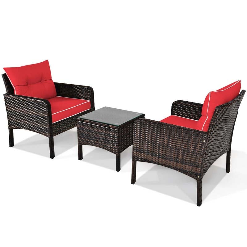 3 Pcs Rattan Wicker Outdoor Bistro Set with Coffee Table & Chairs, All-Weather Patio Conversation Sets