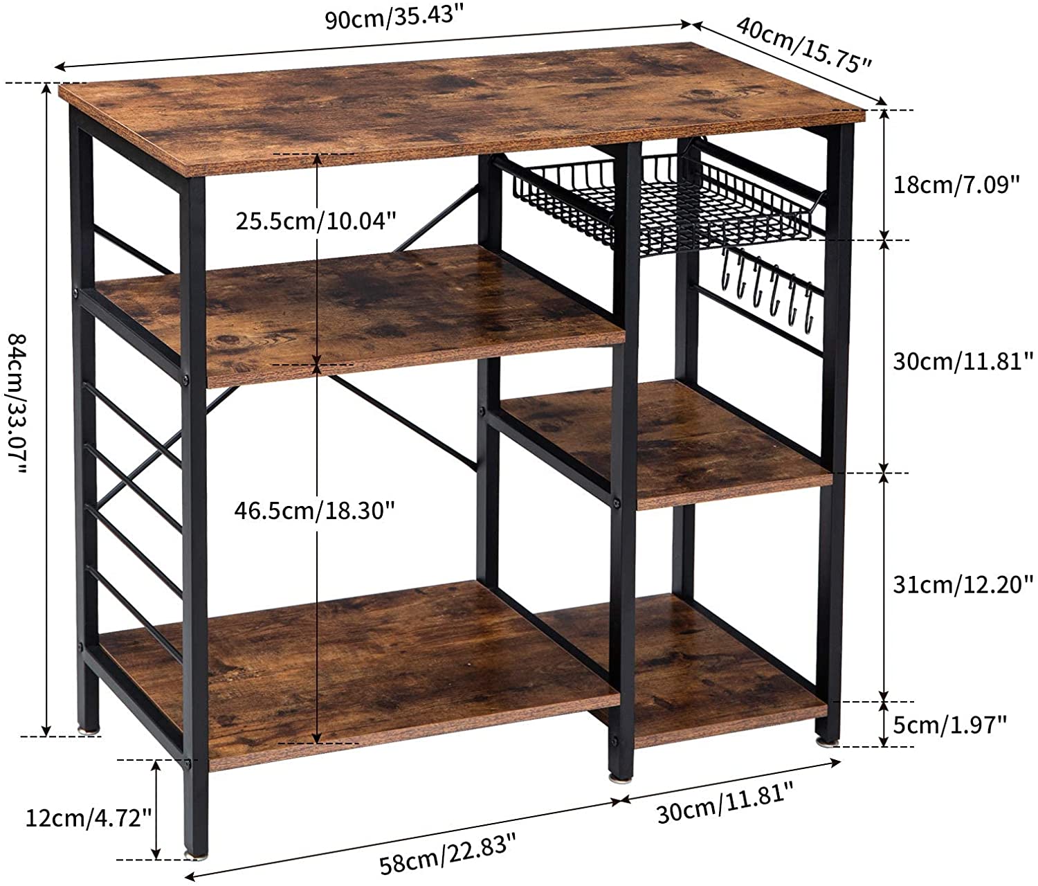 CAIHONG 4-Tier Kitchen Baker's Rack， Coffee Bar Microwave Stand Cart Kitchen Organizer Shelf with Wire Basket and 6 Hooks Utility Storage Shelf Rack ， Rustic Brown， 35.4*33.1*15.75