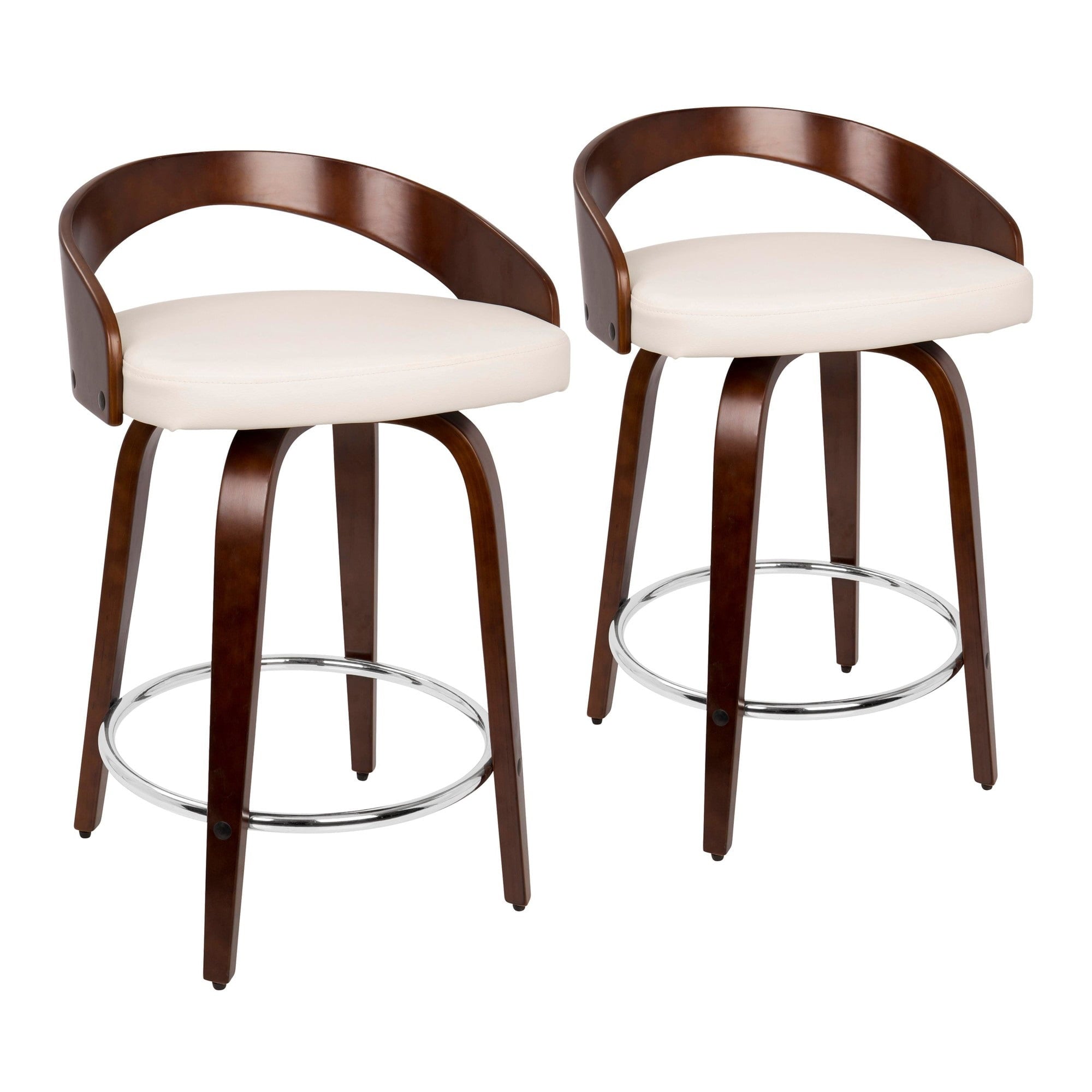 Grotto Mid-Century Modern Counter Stool with Swivel in Cherry with White Faux Leather by LumiSource - Set of 2