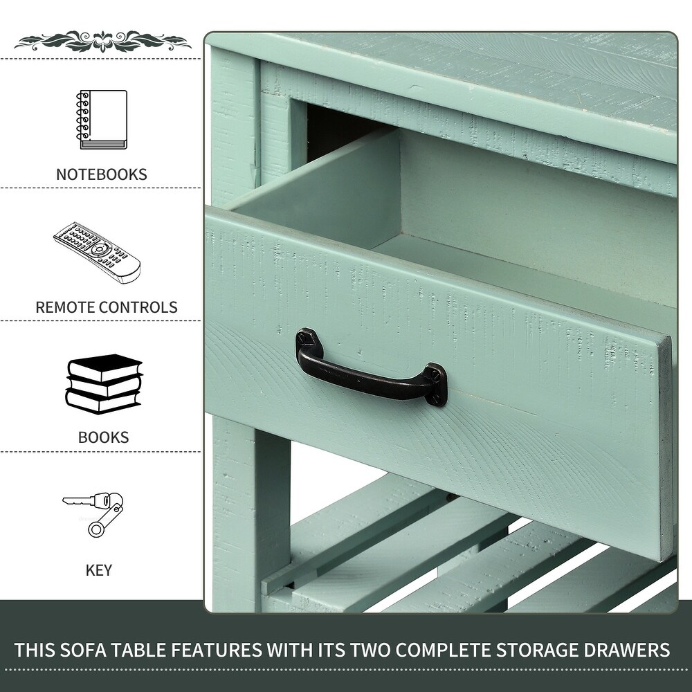 Rectangular Console Table with Clean Lines   with Two Open Slatted Shelves   Two Drawers