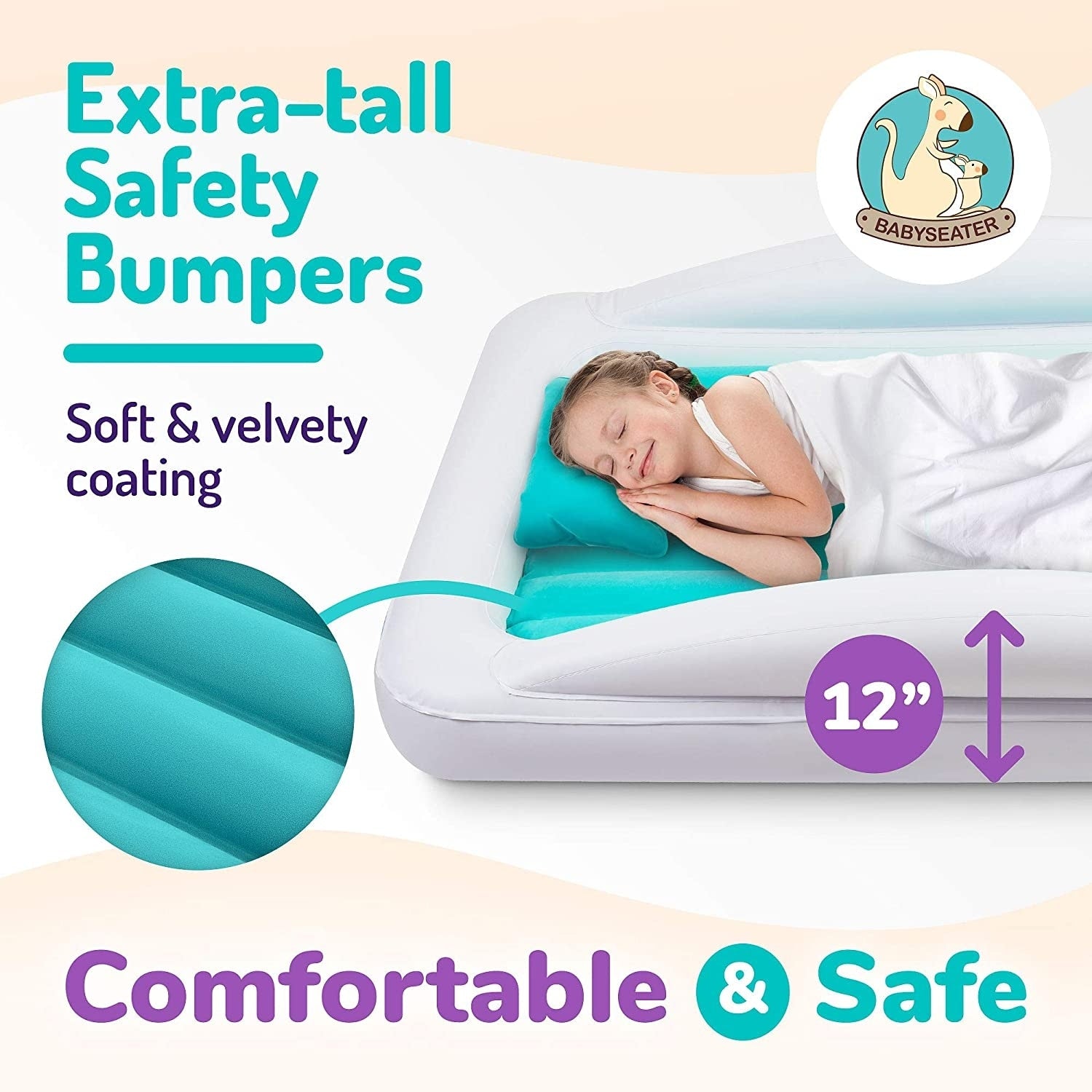 BABYSEATER  Toddler Air Mattress with Sides Includes Air Pump w/ pillow