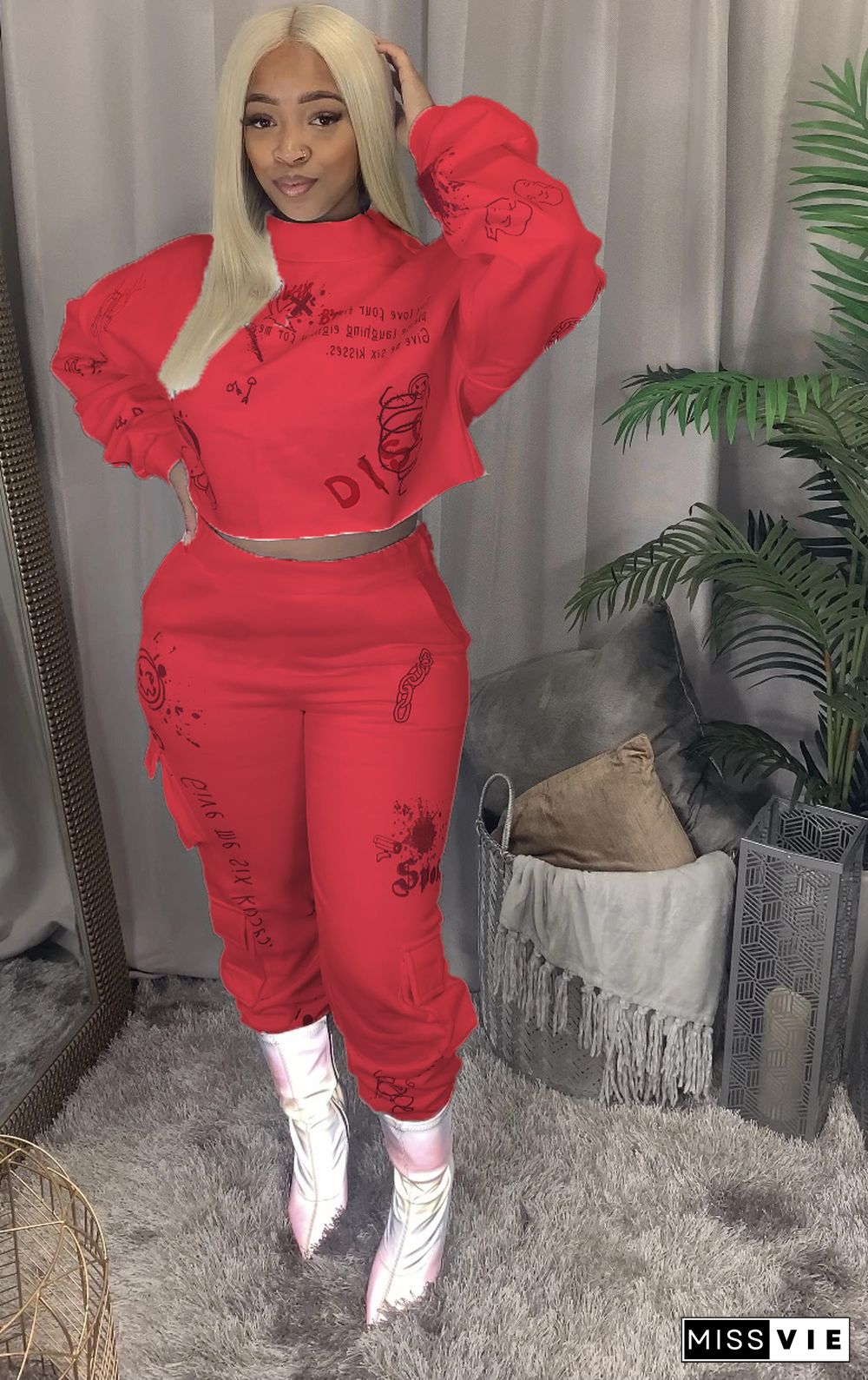 Letter Print Long Sleeve Pullover Top Cargo Pants 2Piece Set