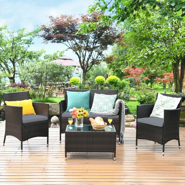 Costway 4 Pcs Outdoor Patio Rattan Furniture Set Table Shelf Sofa W Gray Cushions